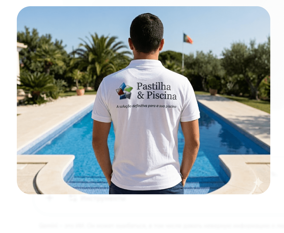 T-shirt profissional da Pastilha & Piscina com o slogan A solução definitiva para a sua piscina